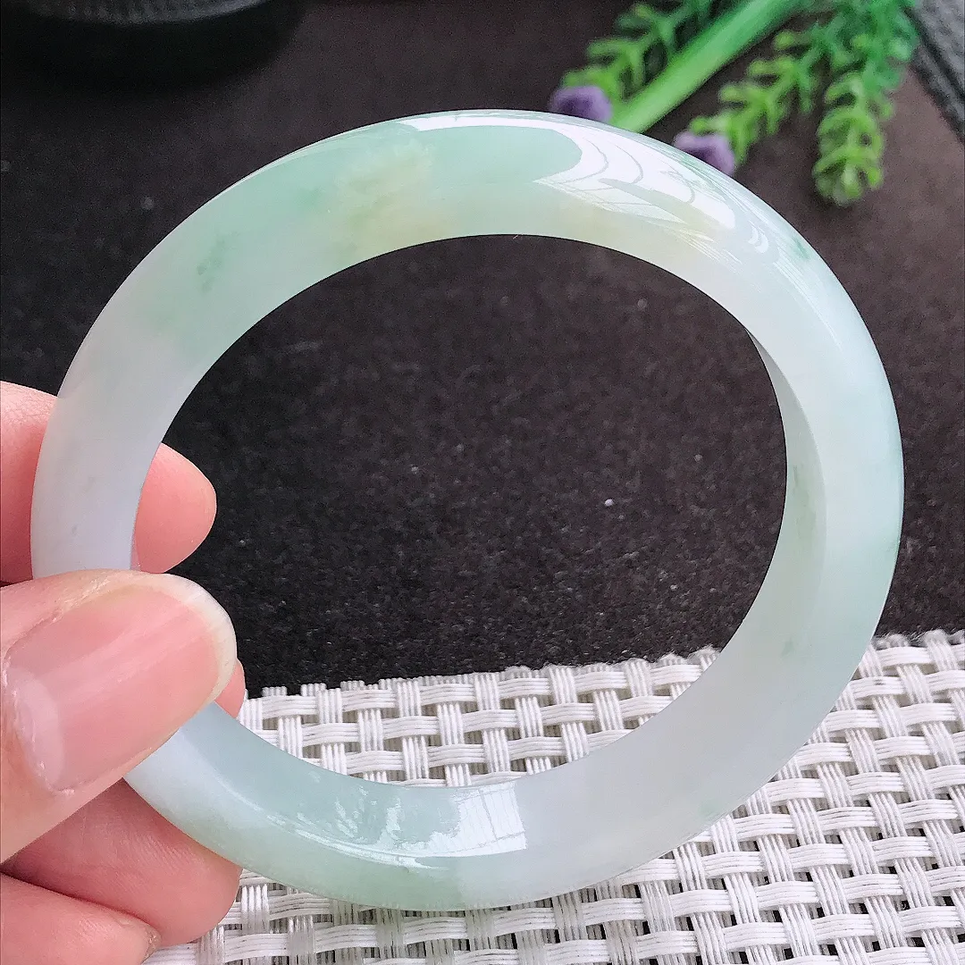 天然A货翡翠58/12.5/8.3老坑冰胶果冻冰飘花手镯宽边玉手镯