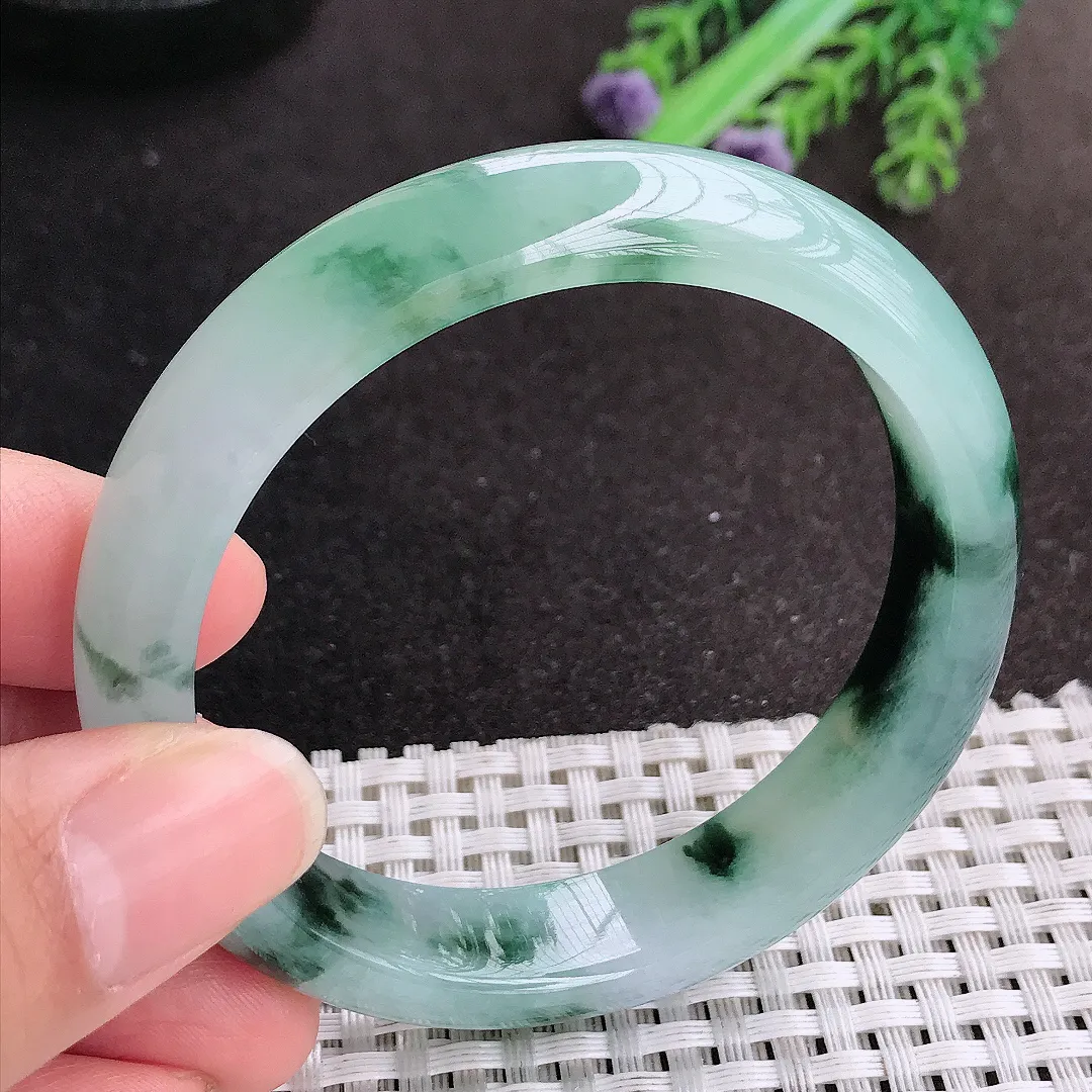 天然A货翡翠55/12.7/7.6老坑冰胶果冻特色飘花手镯宽边玉手镯