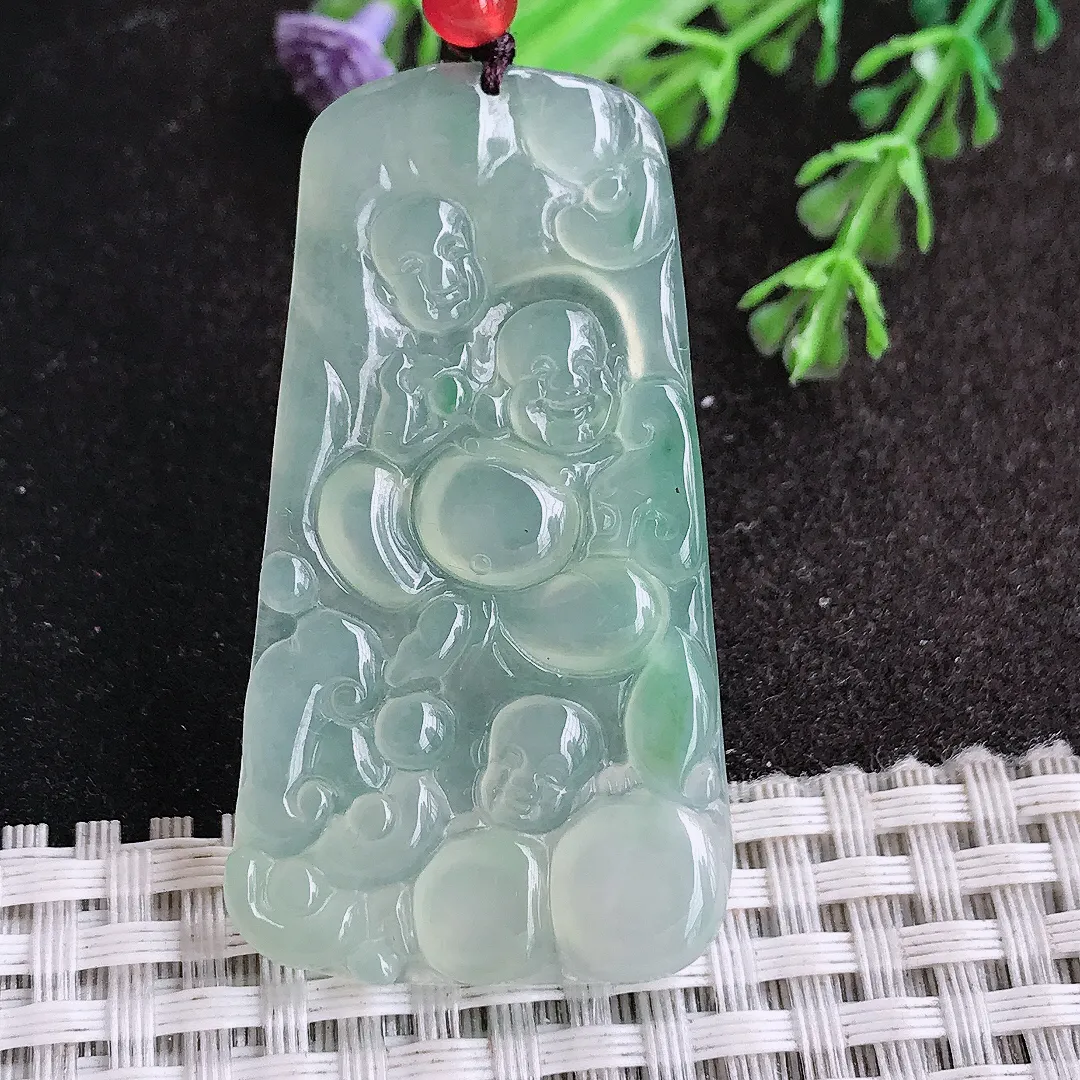 天然a货翡翠50/27.7/3.8老坑冰种果冻胶冰晴绿弥勒佛吊坠翡翠笑佛挂件
