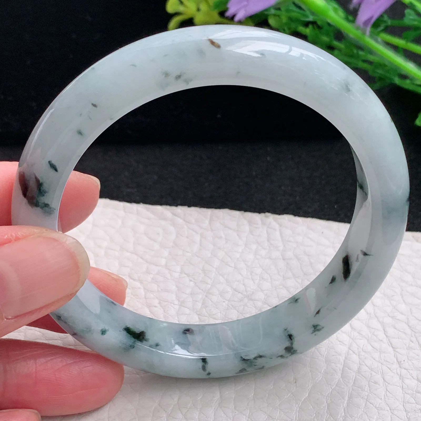 hy自然光58*11.8*8.3平安镯 缅甸翡翠a货玉手镯冰飘花灵动宽边玉手环