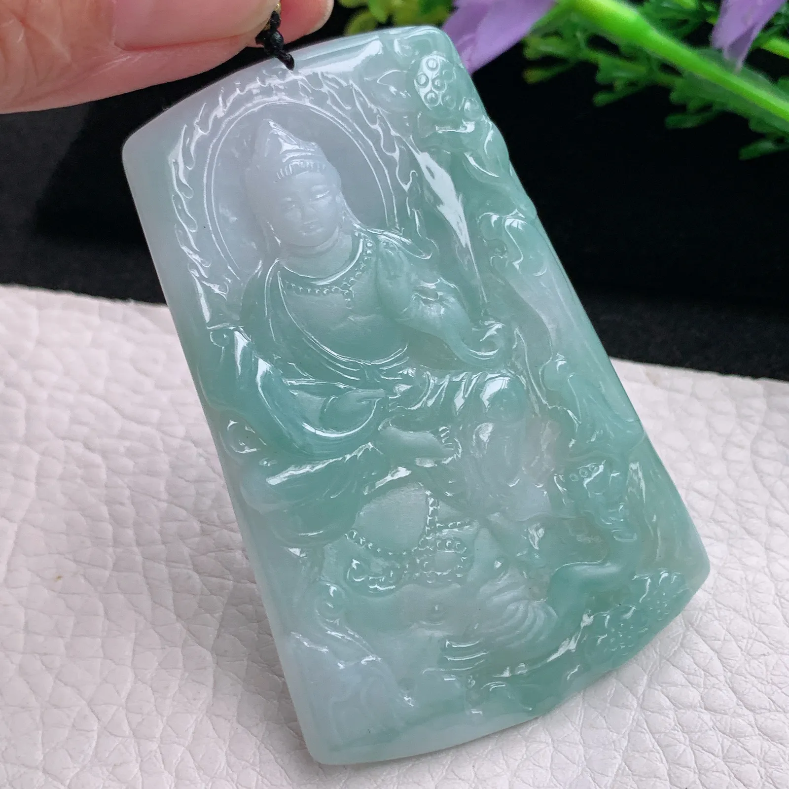 kh自然光69*44.8*5天然缅甸翡翠蓝韵普贤观音菩萨玉吊坠 玉挂件