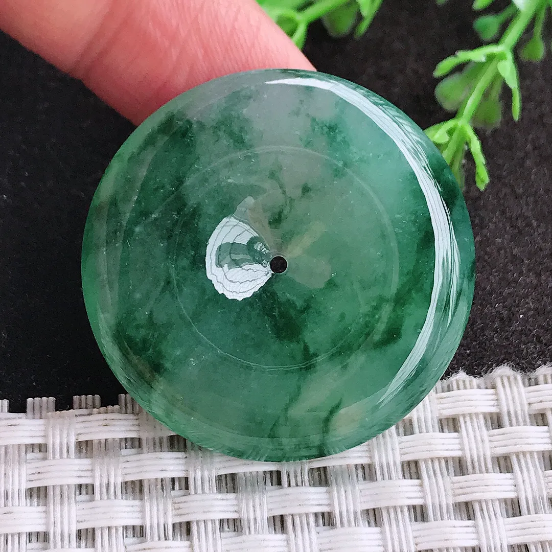 天然a货翡翠35/6.3老坑冰胶果冻冰飘花平安扣吊坠翡翠玉扣挂件