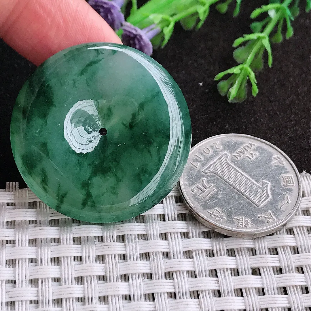 天然a货翡翠35/6.3老坑冰胶果冻冰飘花平安扣吊坠翡翠玉扣挂件