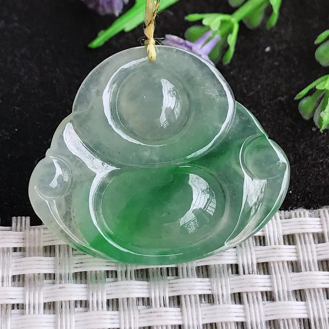 天然a货翡翠29.5/35/6.3老坑冰种果冻胶飘阳绿佛公吊坠翡翠玉挂件
