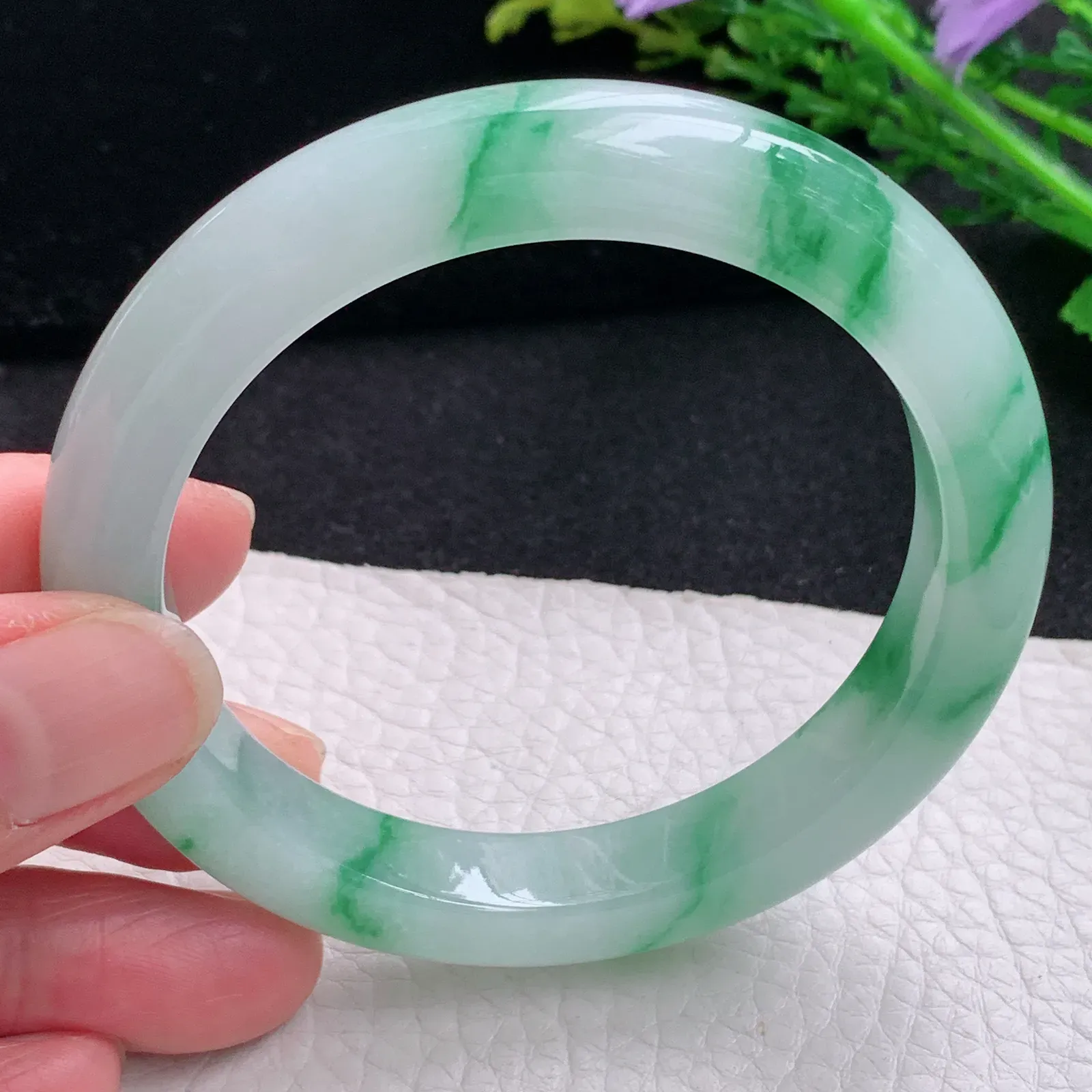 yh自然光57.5*10.5*9.2平安镯 缅甸翡翠a货玉手镯冰飘绿花宽边玉手环