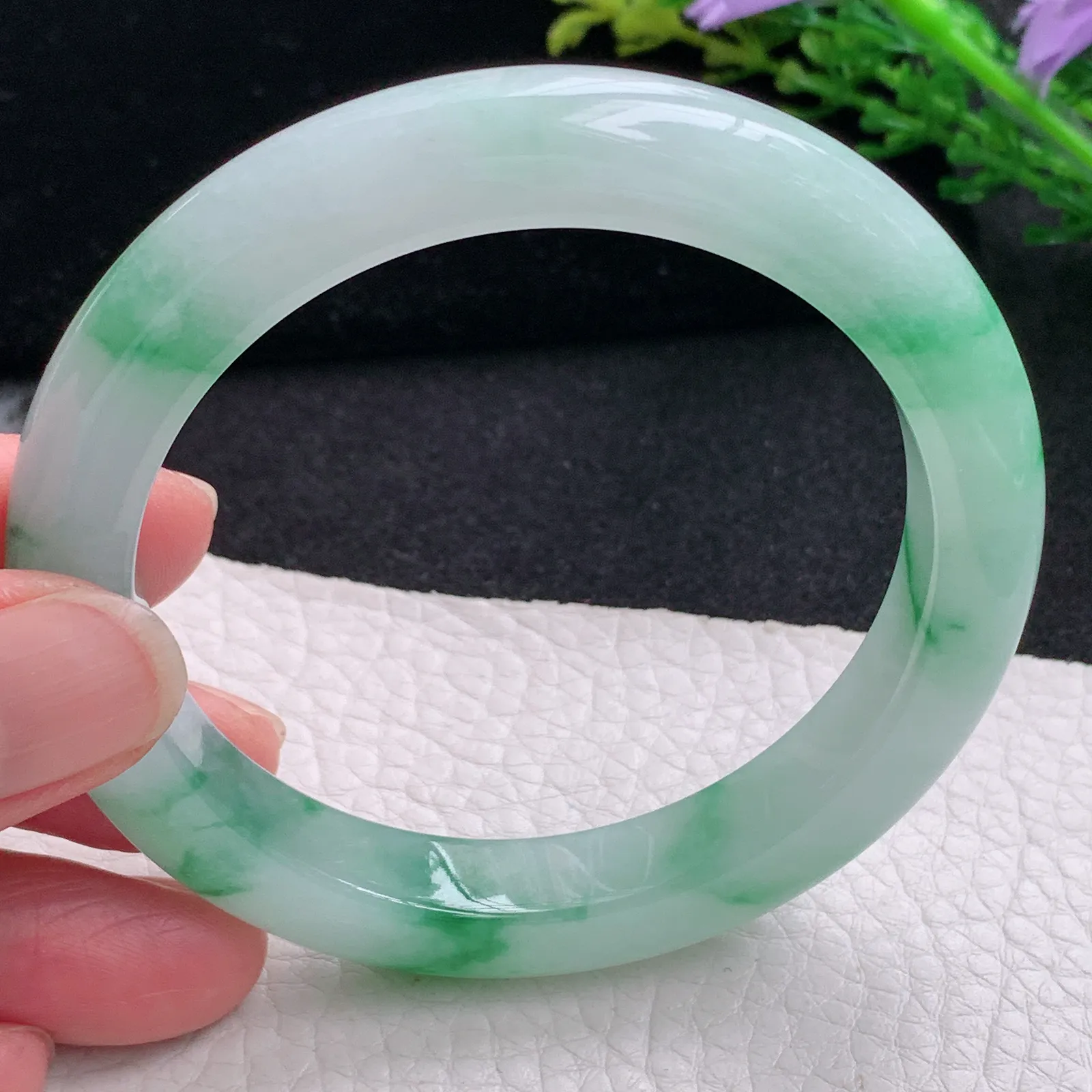 yh自然光57.5*10.5*9.2平安镯 缅甸翡翠a货玉手镯冰飘绿花宽边玉手环