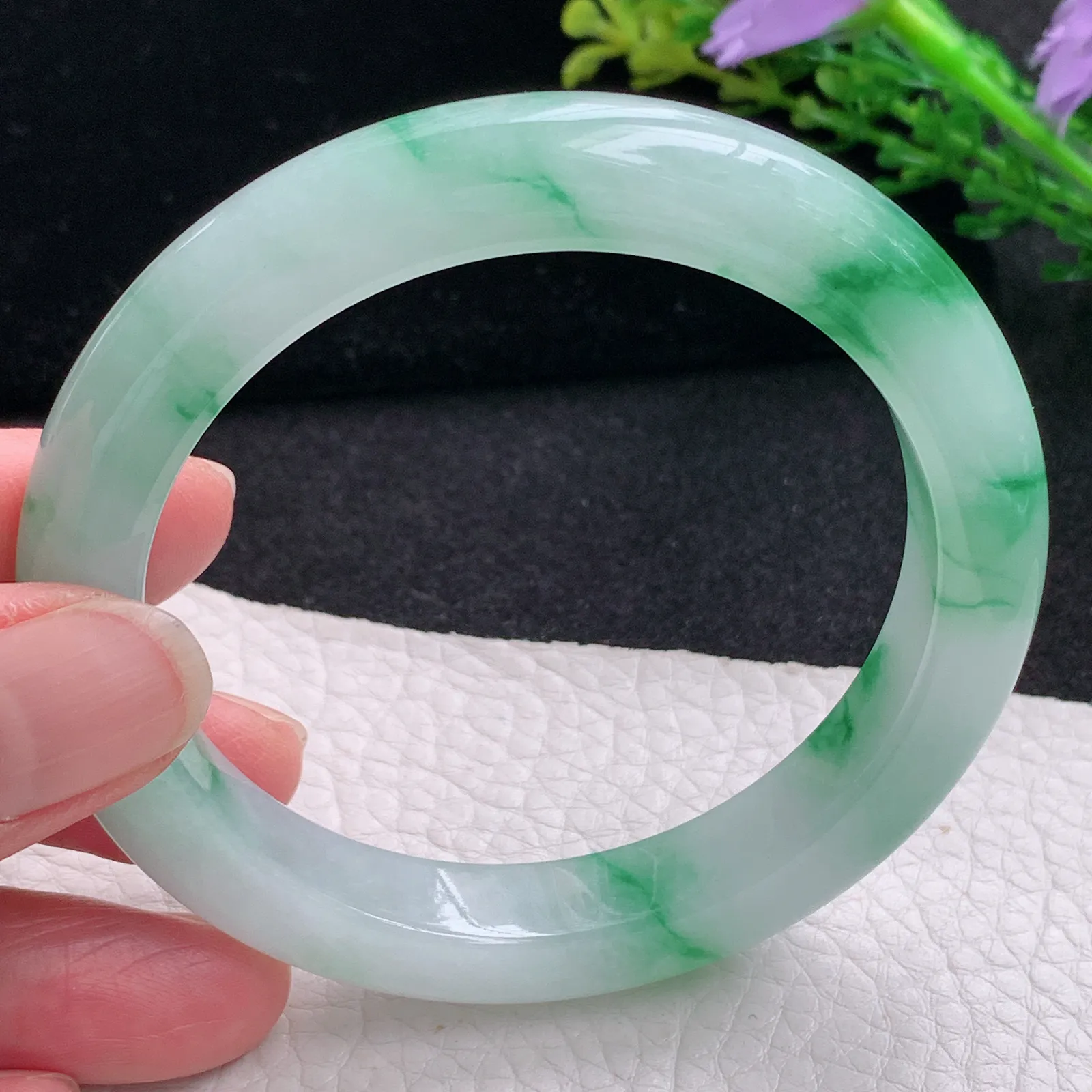 yh自然光57.5*10.5*9.2平安镯 缅甸翡翠a货玉手镯冰飘绿花宽边玉手环