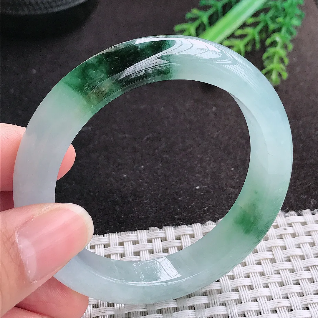 天然A货翡翠53.5/11.8/8.8老坑冰胶果冻冰飘花手镯宽边玉手镯