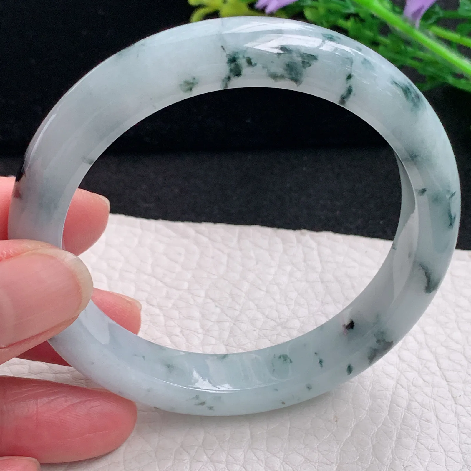 hy自然光58*11.8*8.3平安镯 缅甸翡翠a货玉手镯冰飘花灵动宽边玉手环