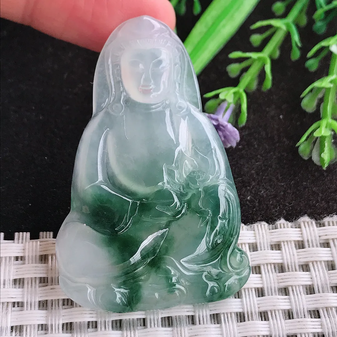 天然a货翡翠49/33/4.2老坑冰胶果冻冰飘花赐福观音吊坠翡翠玉挂件