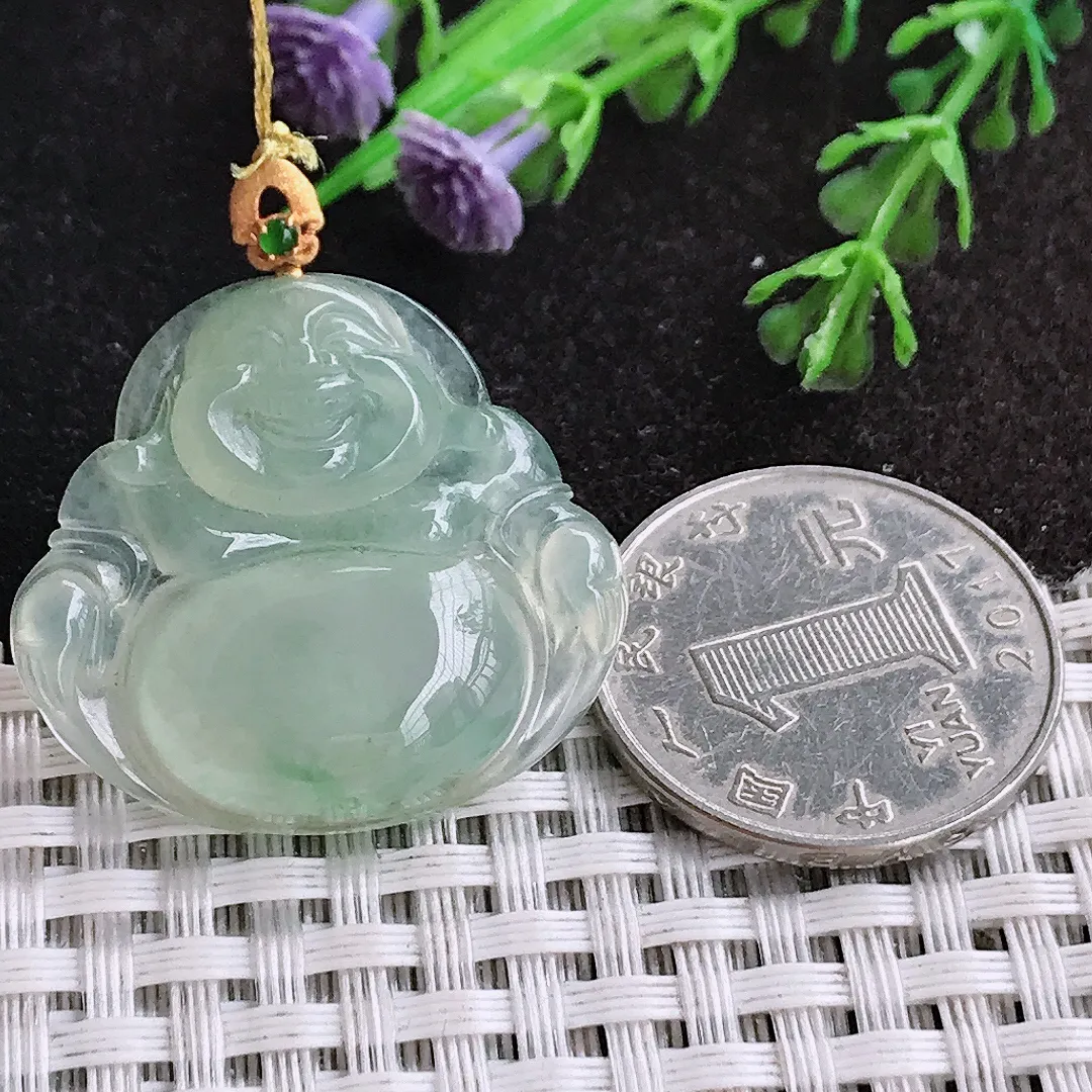 天然a货翡翠28.8/31.2/6老坑18k金镶嵌冰种冰晴绿佛公吊坠翡翠玉佛挂件