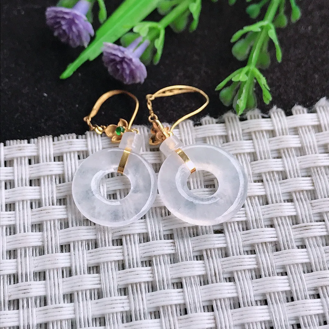 天然a货翡翠14.9/2.8老坑18k金镶嵌冰种白冰平安扣耳坠翡翠玉