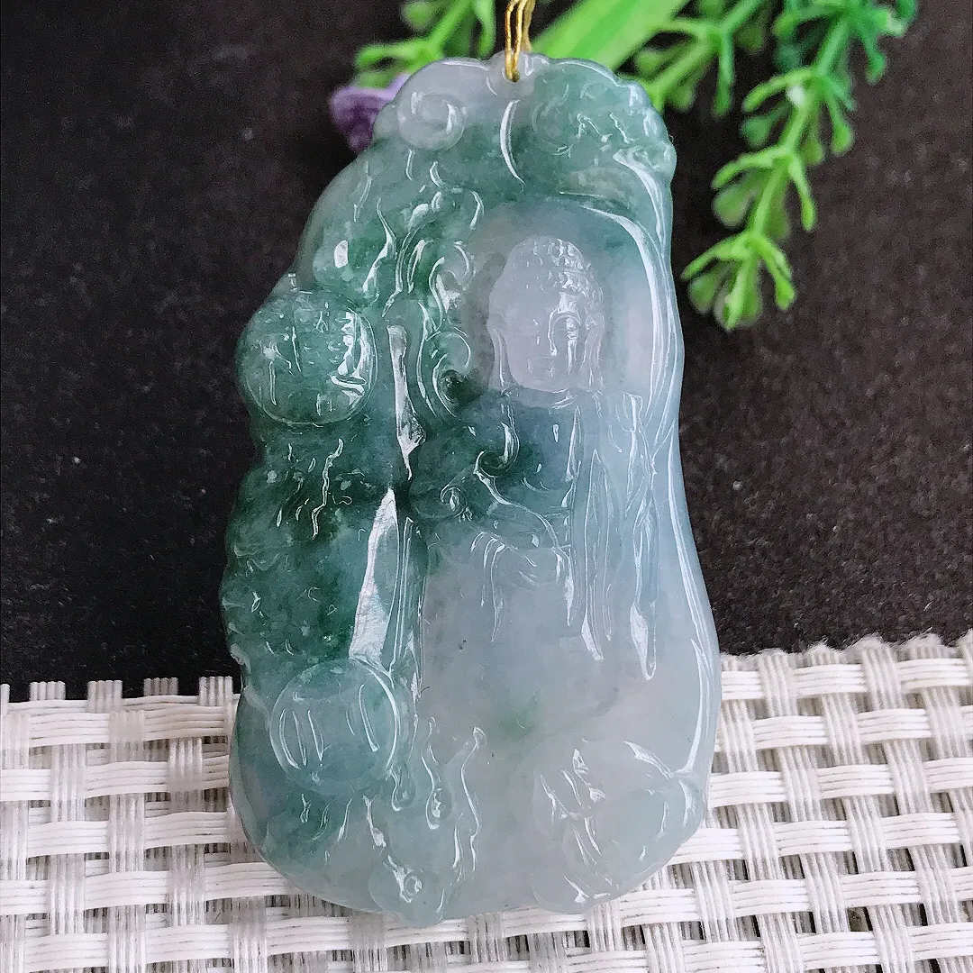天然a货翡翠60.8/34.6/6.3老坑冰润起胶飘花阿弥陀佛吊坠翡翠玉挂件