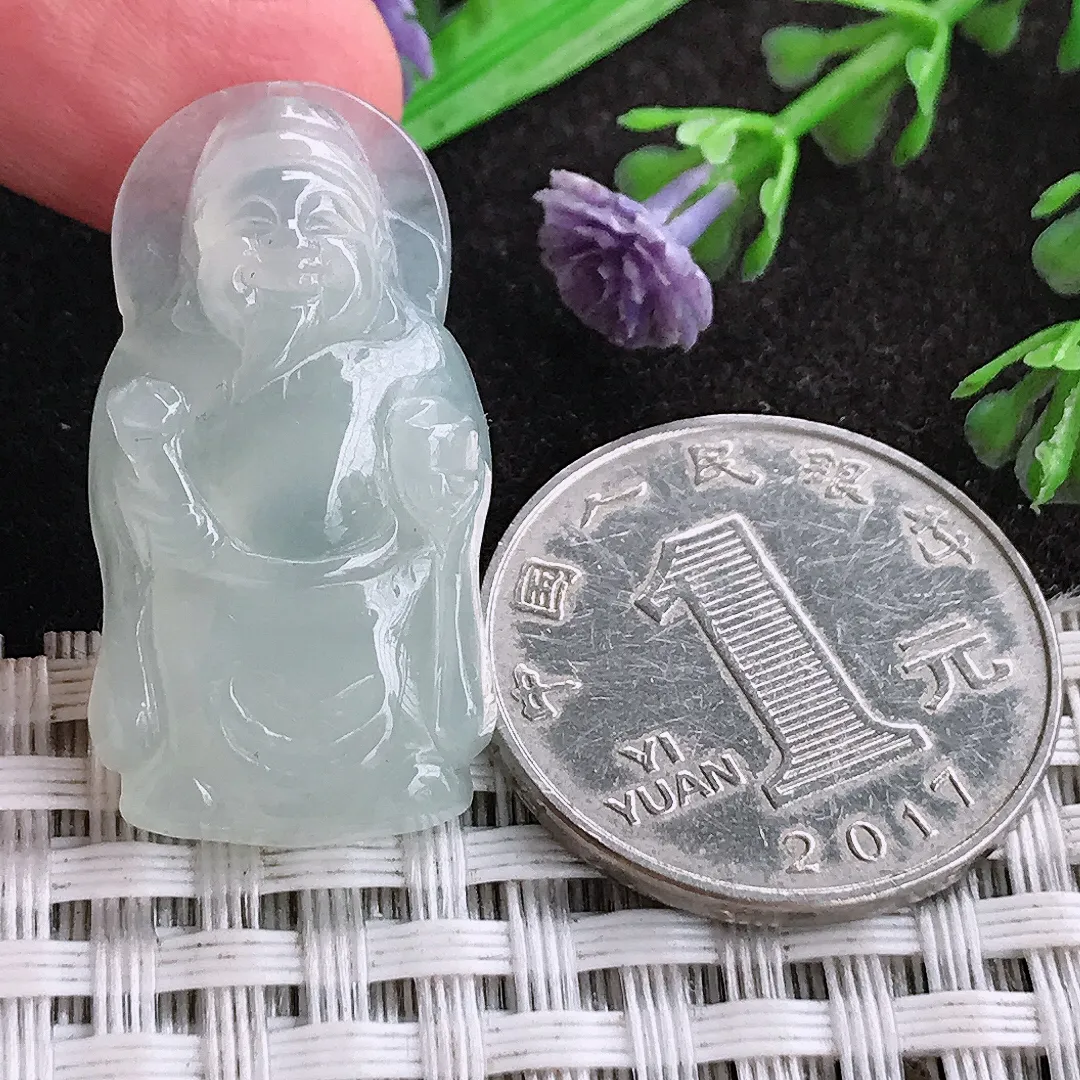 天然a货翡翠31.2/16.3/6老坑冰种起胶小财神爷吊坠翡翠玉挂件