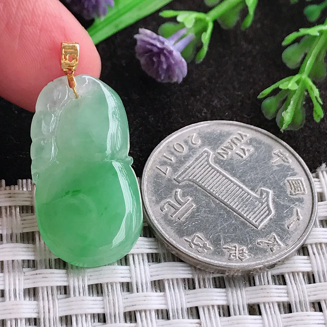 天然a货翡翠25.5/14.2/5.2老坑18k金镶嵌冰阳绿葫芦吊坠翡翠玉挂件