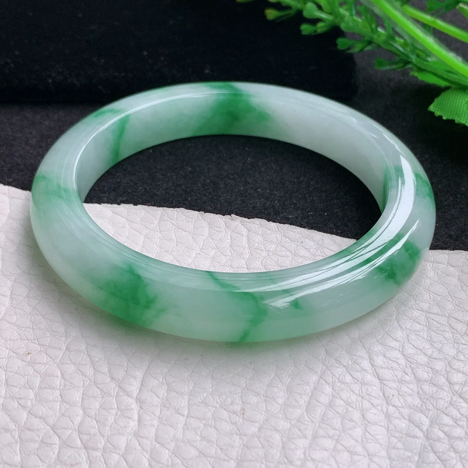 yh自然光57.5*10.5*9.2平安镯 缅甸翡翠a货玉手镯冰飘绿花宽边玉手环