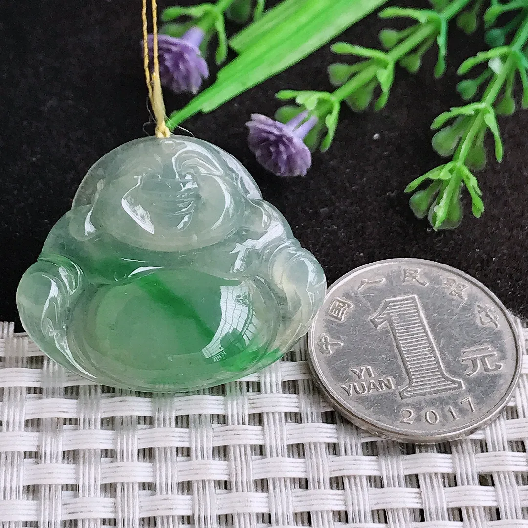 天然a货翡翠29.5/35/6.3老坑冰种果冻胶飘阳绿佛公吊坠翡翠玉挂件