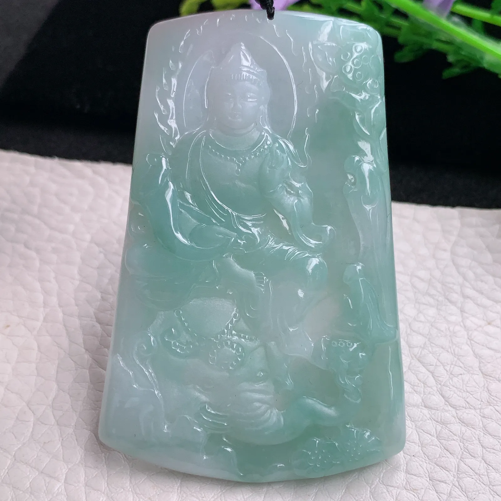 kh自然光69*44.8*5天然缅甸翡翠蓝韵普贤观音菩萨玉吊坠 玉挂件