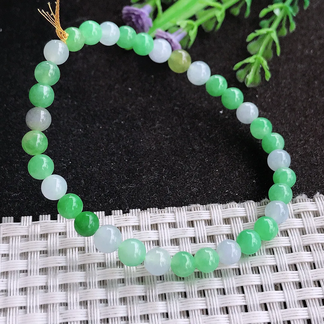 天然a货翡翠5.5/34颗老坑冰胶水灵飘阳绿圆珠手链小米珠手串