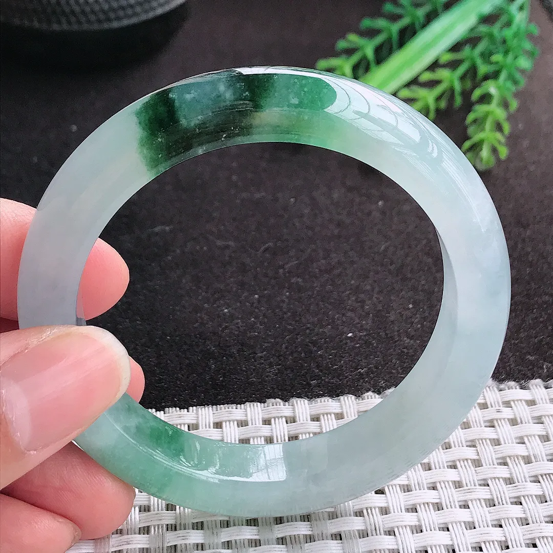 天然A货翡翠53.5/11.8/8.8老坑冰胶果冻冰飘花手镯宽边玉手镯