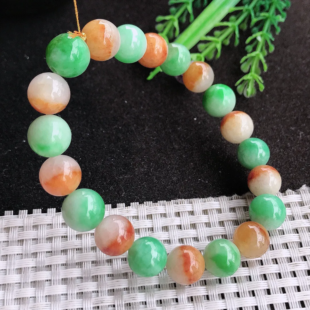 天然a货翡翠10.5/20颗老坑精美温润三彩玉珠手链翡翠玉手串