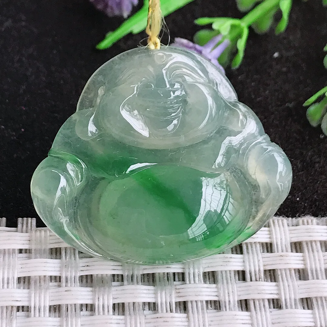 天然a货翡翠29.5/35/6.3老坑冰种果冻胶飘阳绿佛公吊坠翡翠玉挂件