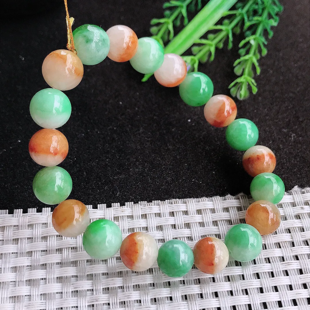 天然a货翡翠10.5/20颗老坑精美温润三彩玉珠手链翡翠玉手串