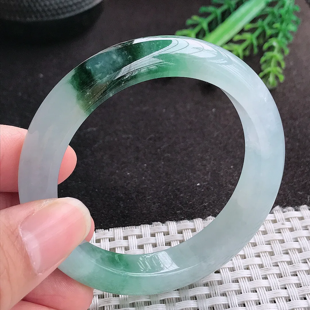 天然A货翡翠53.5/11.8/8.8老坑冰胶果冻冰飘花手镯宽边玉手镯