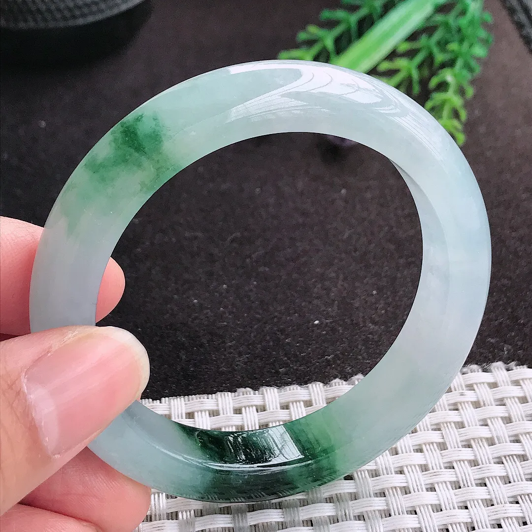 天然A货翡翠53.5/11.8/8.8老坑冰胶果冻冰飘花手镯宽边玉手镯