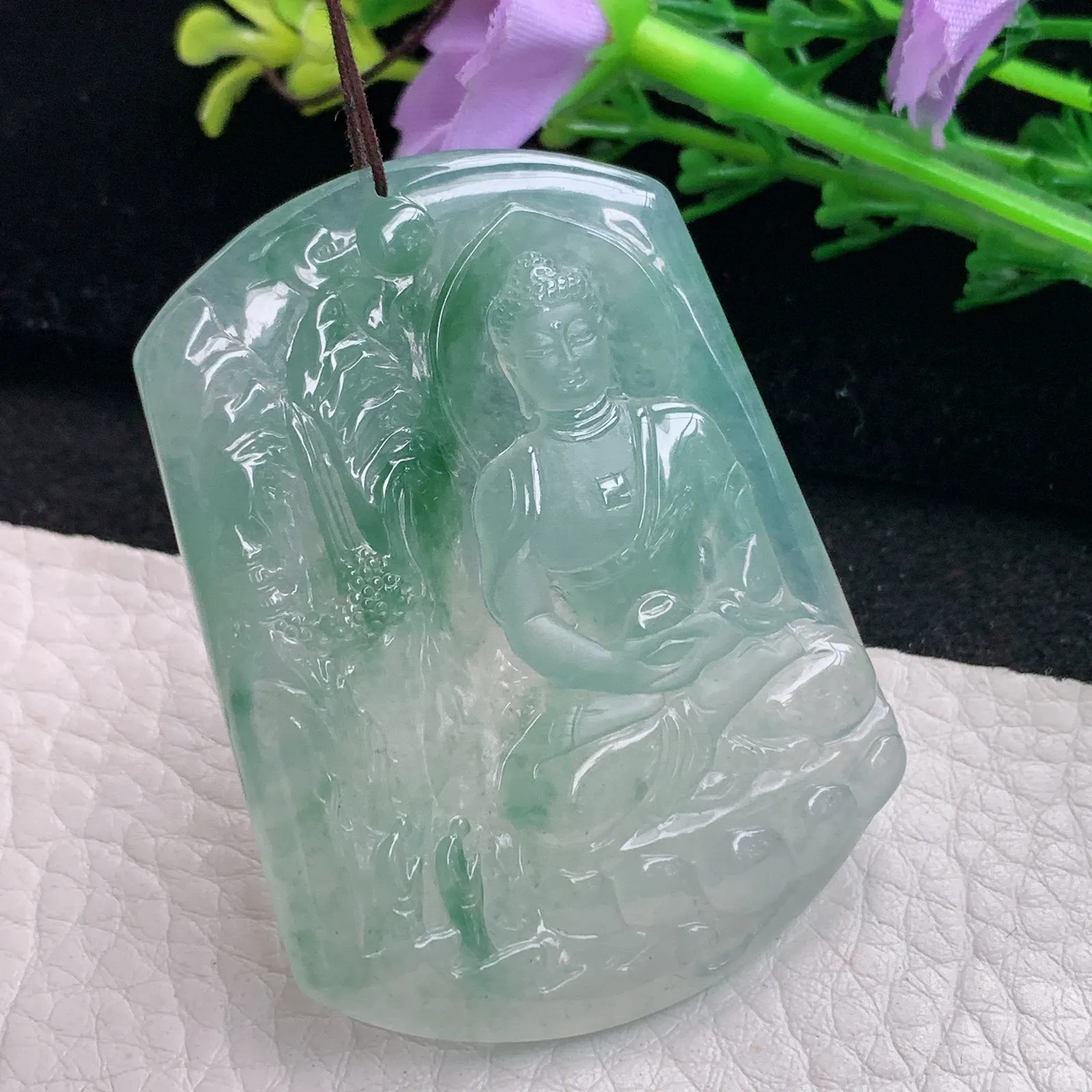 ktj自然光52*39.2*5.6天然缅甸翡翠冰润山水佛祖 大日如来玉吊坠 玉挂件