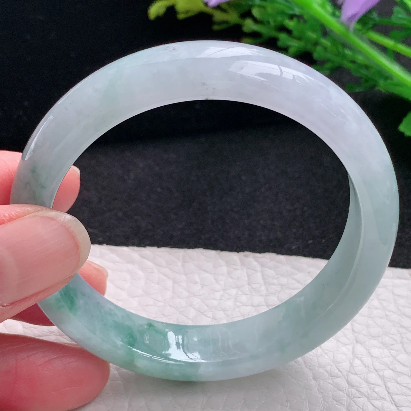 z自然光53.5*12.3*7.3平安镯 缅甸翡翠a货玉手镯飘花宽边玉手环