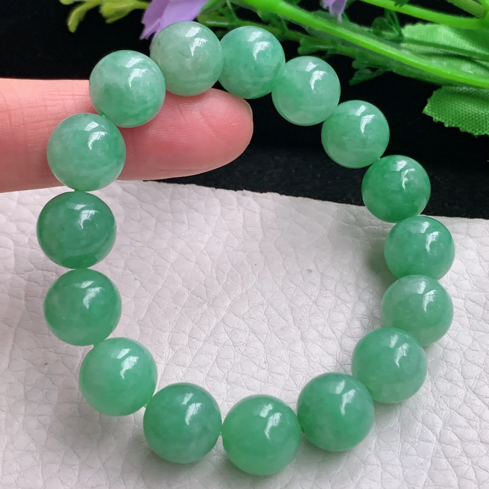 abc自然光11.5mm天然缅甸翡翠高雅满绿圆珠玉手链 玉手串
