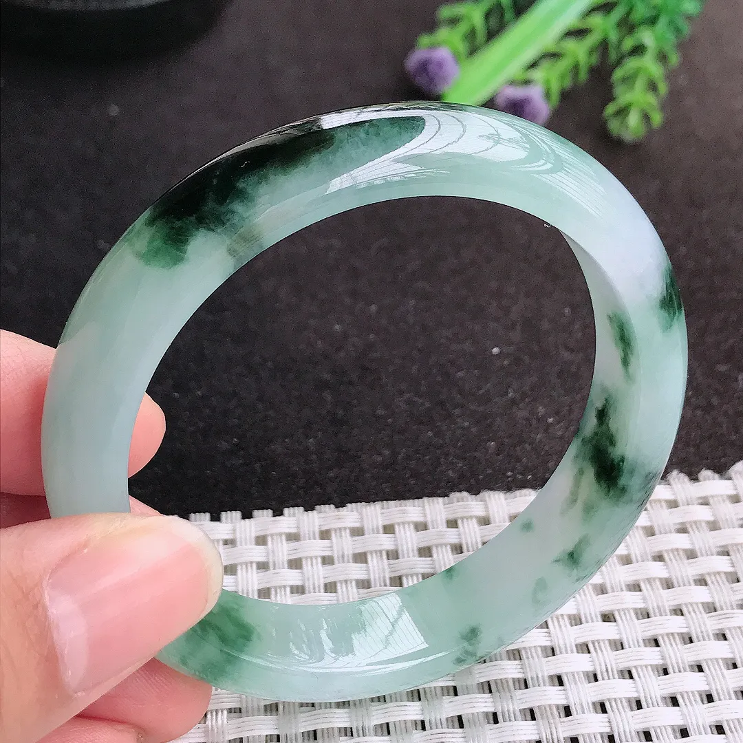 天然A货翡翠55/12.7/7.6老坑冰胶果冻特色飘花手镯宽边玉手镯