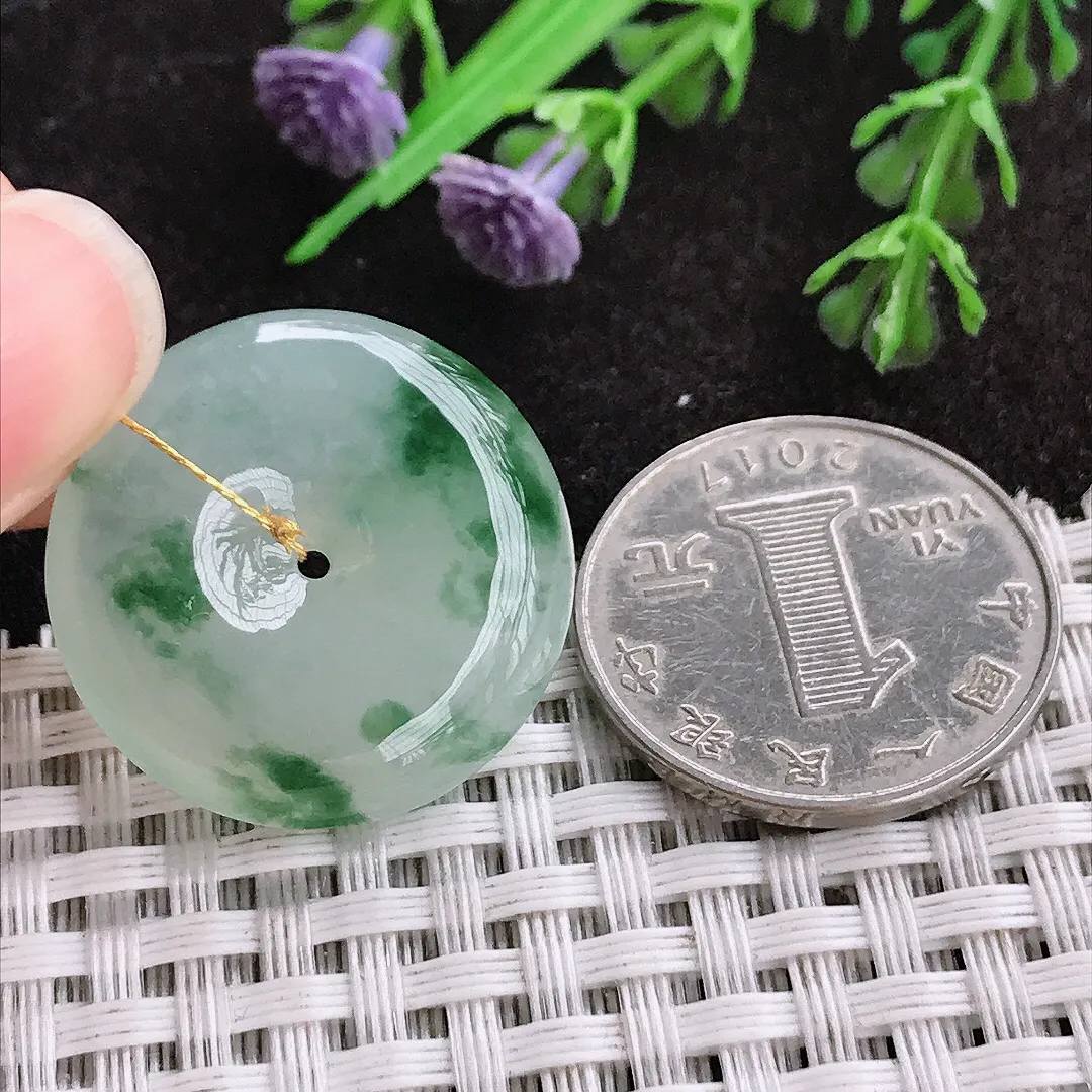 天然a货翡翠26.1/6.3老坑冰胶果冻飘花平安扣吊坠翡翠玉扣挂件