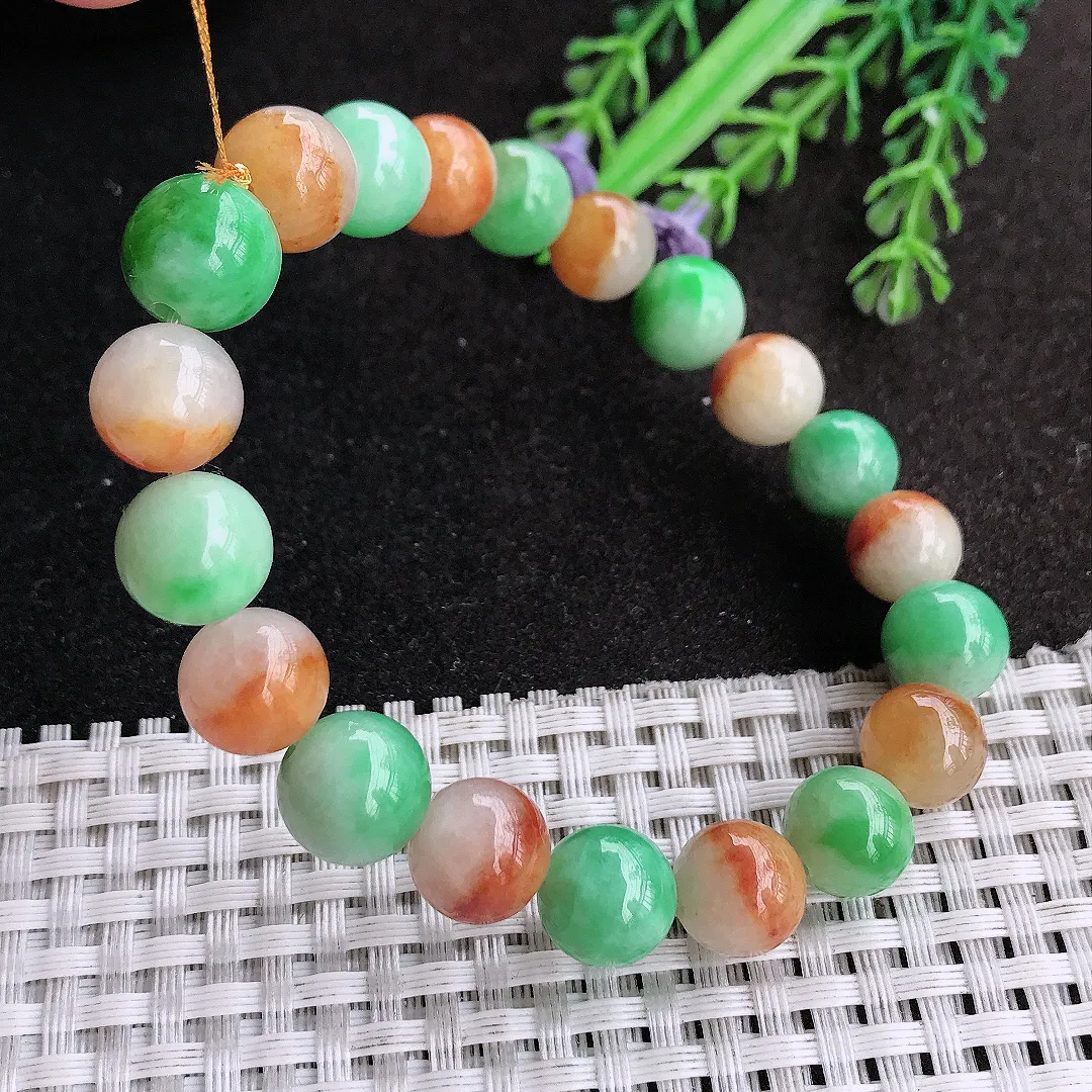 天然a货翡翠10.5/20颗老坑精美温润三彩玉珠手链翡翠玉手串