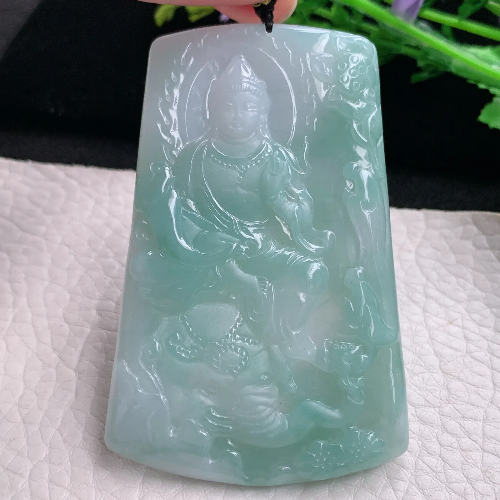 kh自然光69*44.8*5天然缅甸翡翠蓝韵普贤观音菩萨玉吊坠 玉挂件
