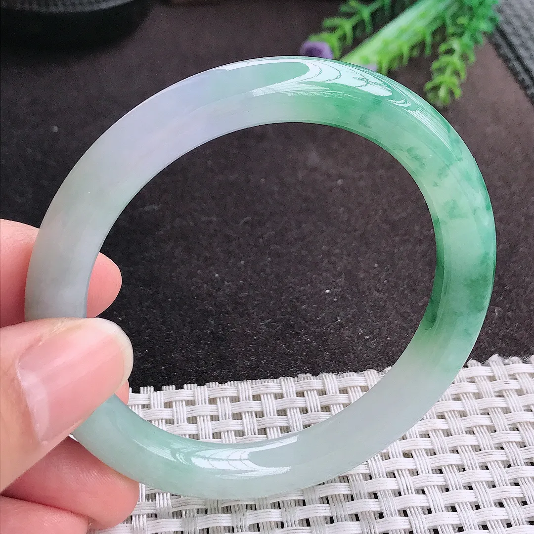 天然A货翡翠56.8/9.2老坑冰胶果冻冰飘花圆条手镯玉手镯