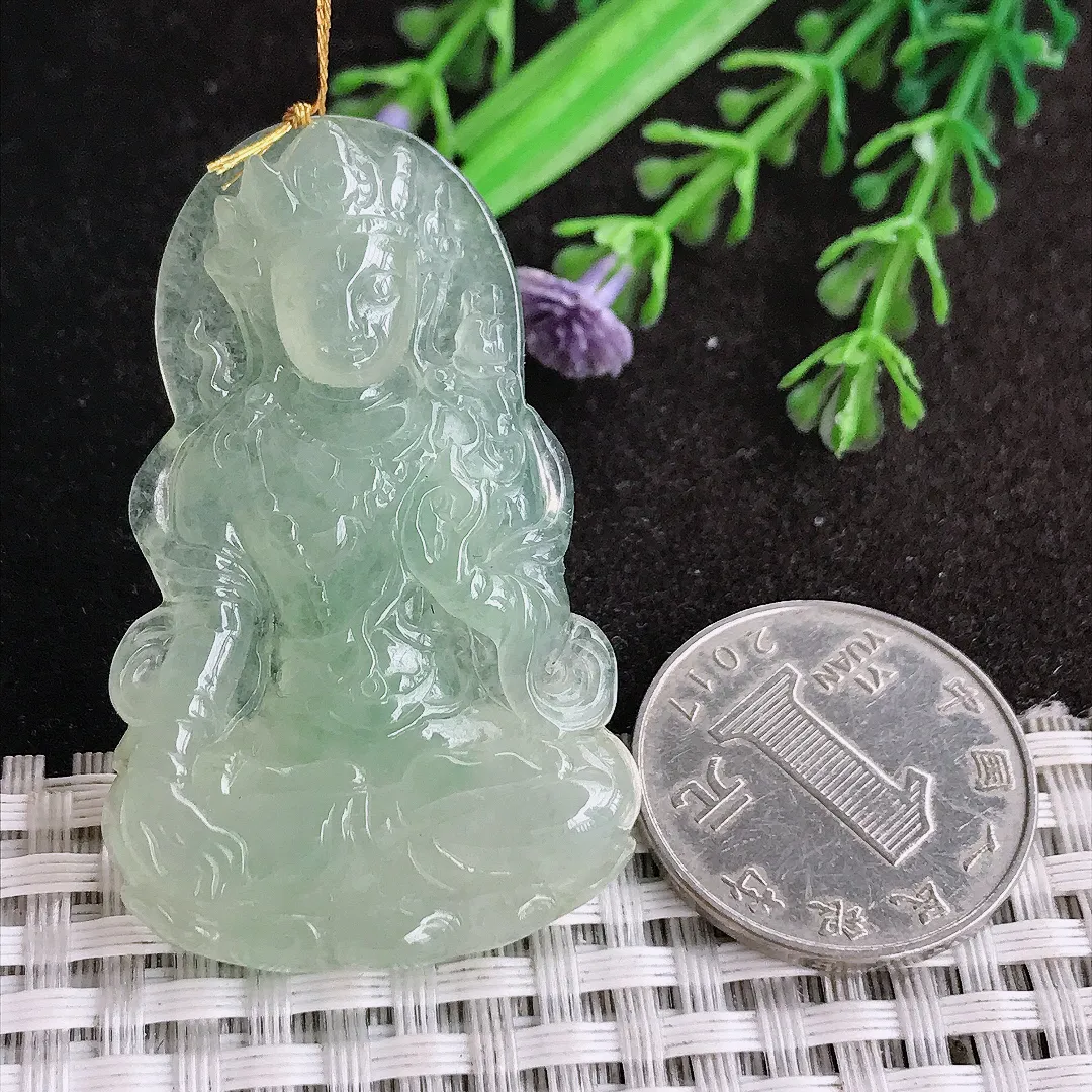 天然a货翡翠49/30.8/6老坑冰胶水灵冰晴绿渡母菩萨吊坠翡翠玉挂件