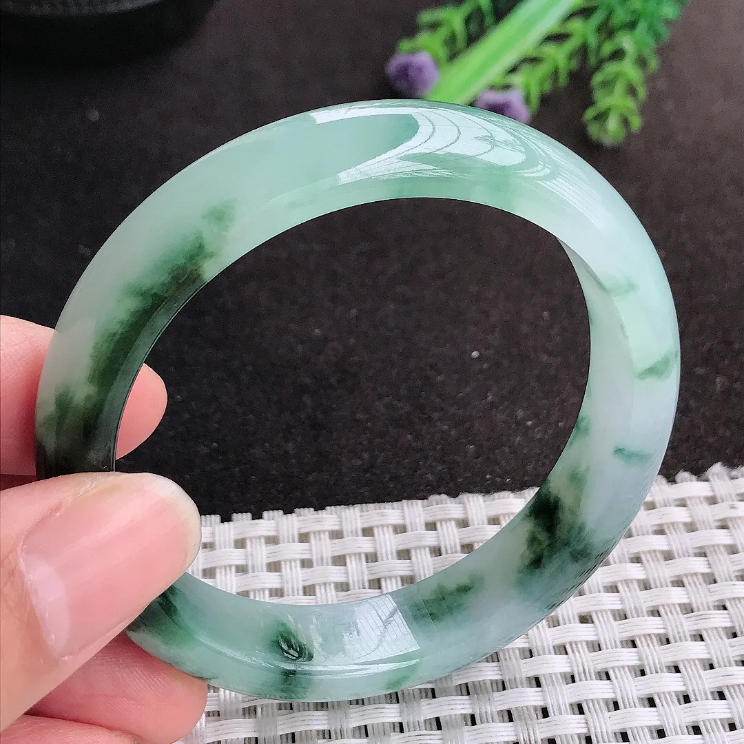 天然A货翡翠55/12.7/7.6老坑冰胶果冻特色飘花手镯宽边玉手镯