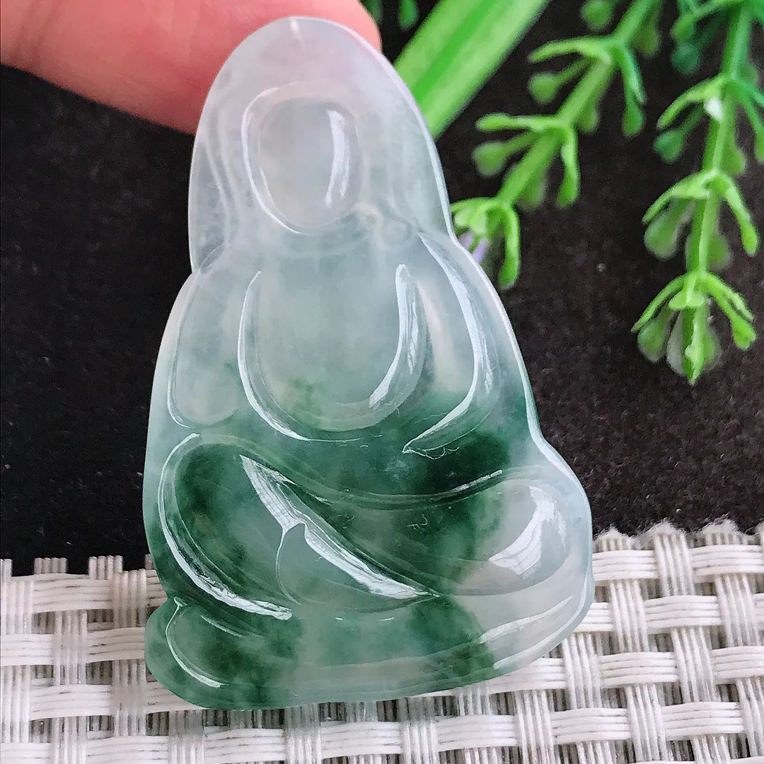 天然a货翡翠49/33/4.2老坑冰胶果冻冰飘花赐福观音吊坠翡翠玉挂件