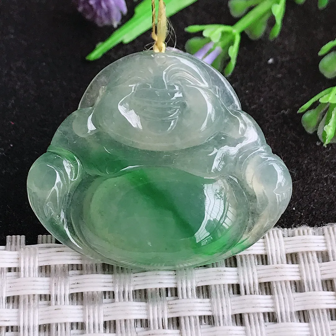 天然a货翡翠29.5/35/6.3老坑冰种果冻胶飘阳绿佛公吊坠翡翠玉挂件