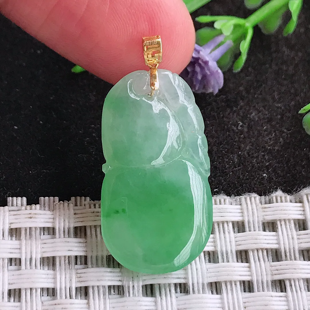天然a货翡翠25.5/14.2/5.2老坑18k金镶嵌冰阳绿葫芦吊坠翡翠玉挂件