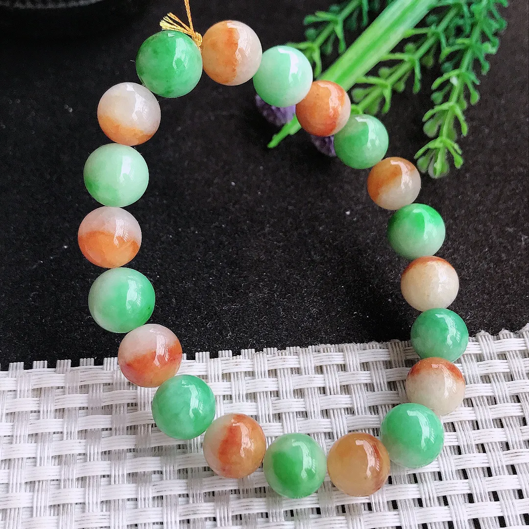 天然a货翡翠10.5/20颗老坑精美温润三彩玉珠手链翡翠玉手串