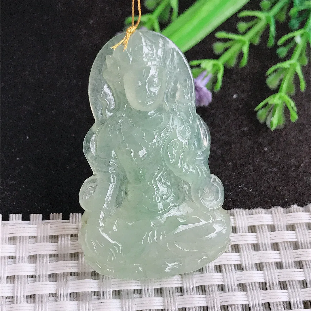 天然a货翡翠49/30.8/6老坑冰胶水灵冰晴绿渡母菩萨吊坠翡翠玉挂件
