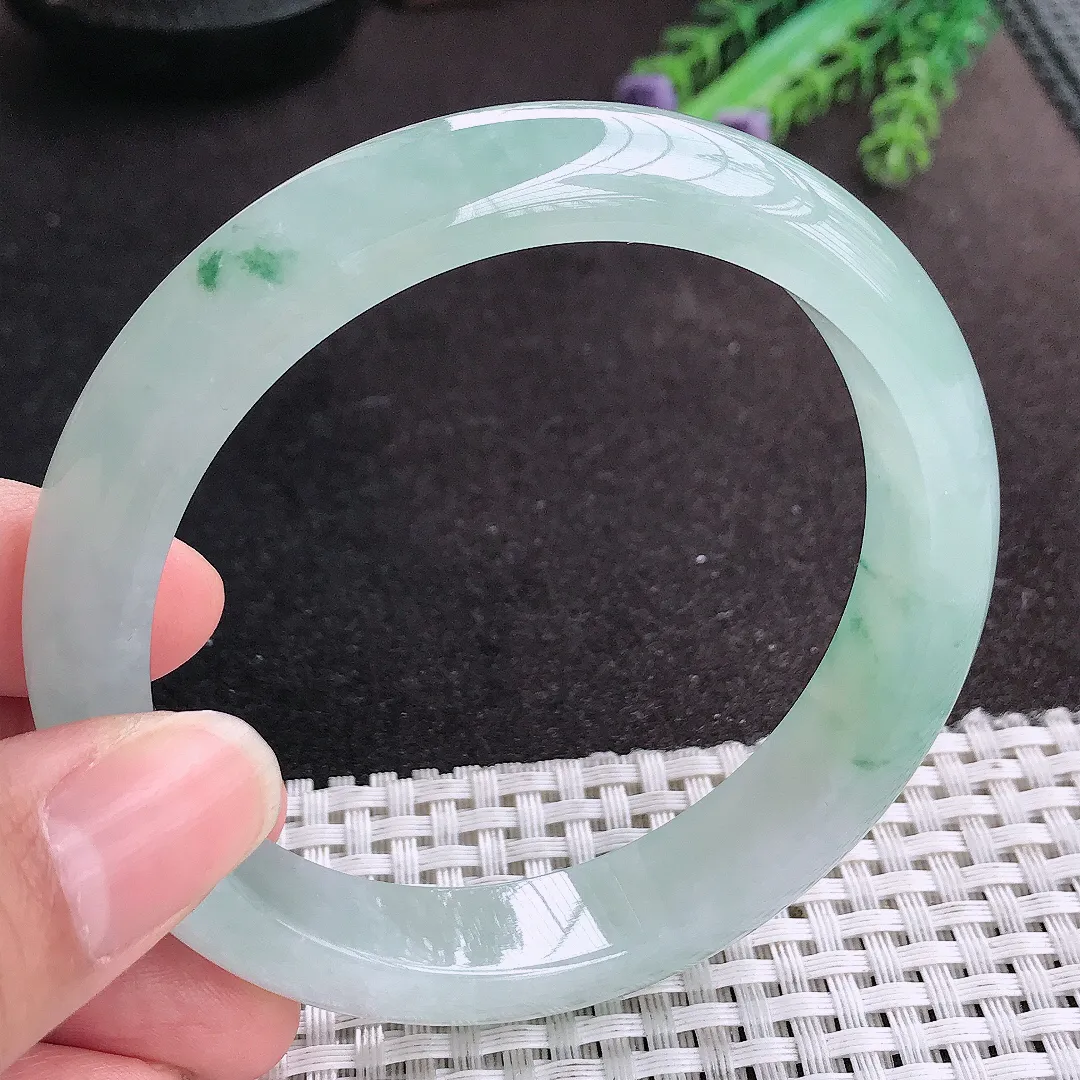 天然A货翡翠61.5/13.2/8.5老坑冰透果冻胶冰飘花手镯大圈口宽边玉手镯