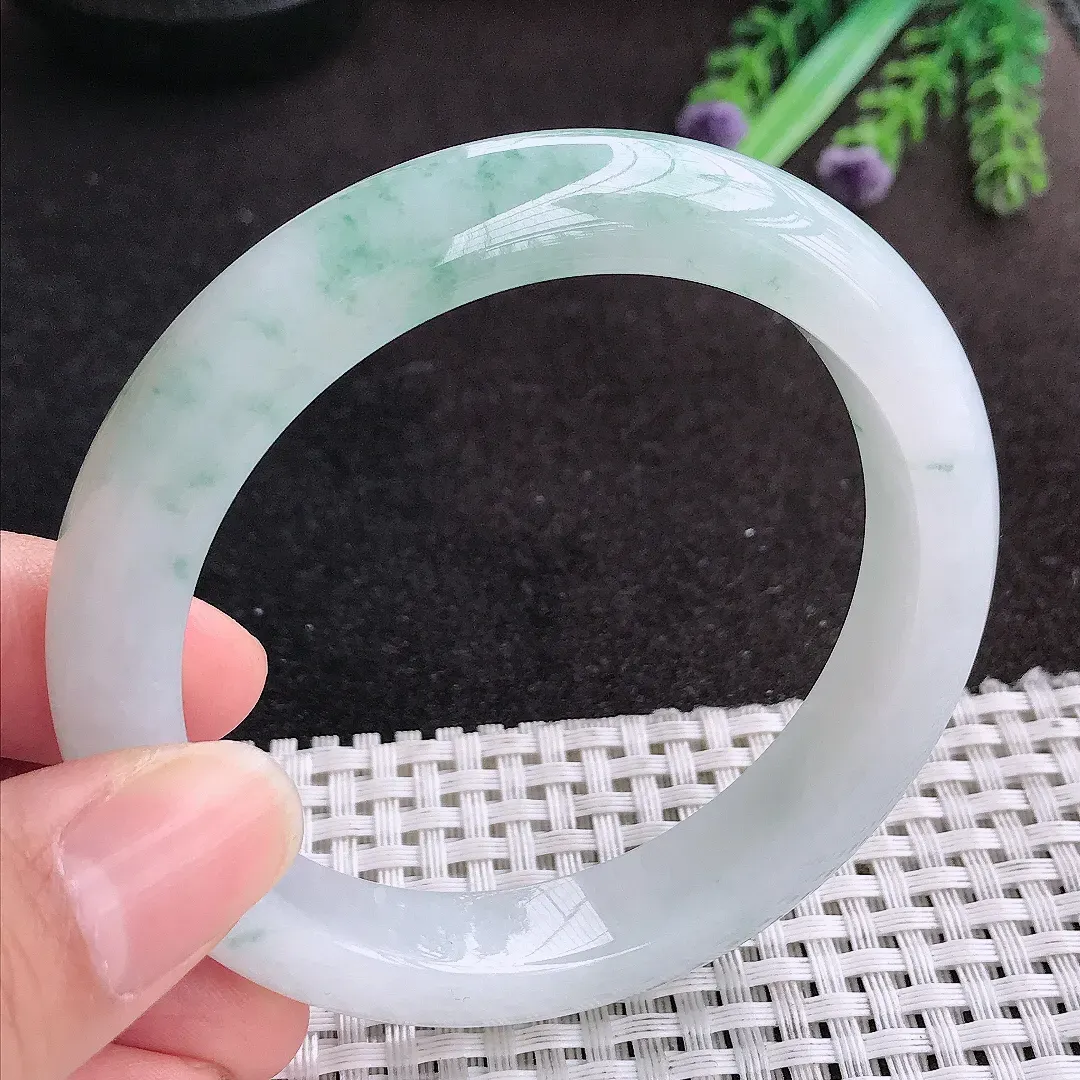 天然A货翡翠58/11.5/9老坑冰润水灵飘花手镯宽边玉手镯