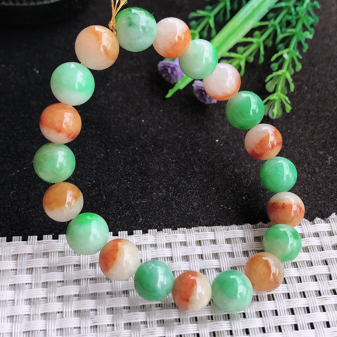 天然a货翡翠10.5/20颗老坑精美温润三彩玉珠手链翡翠玉手串