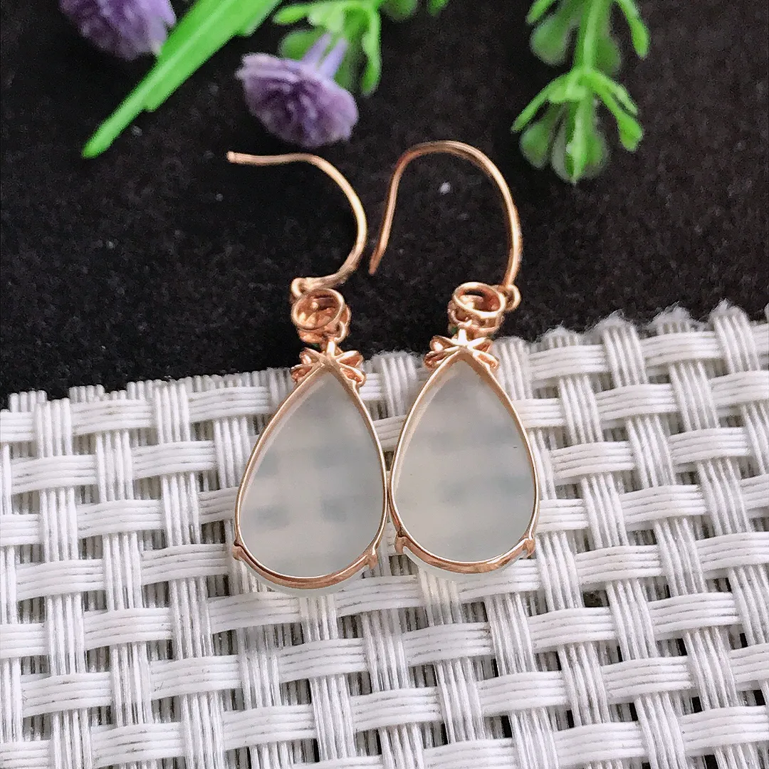 天然a货翡翠18/10.2/3.6老坑18k金镶嵌白冰水滴耳坠翡翠玉