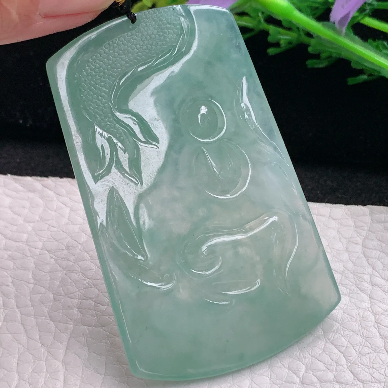 kh自然光67*41.8*5.3天然缅甸翡翠冰晴大气御龙观音玉吊坠 玉挂件