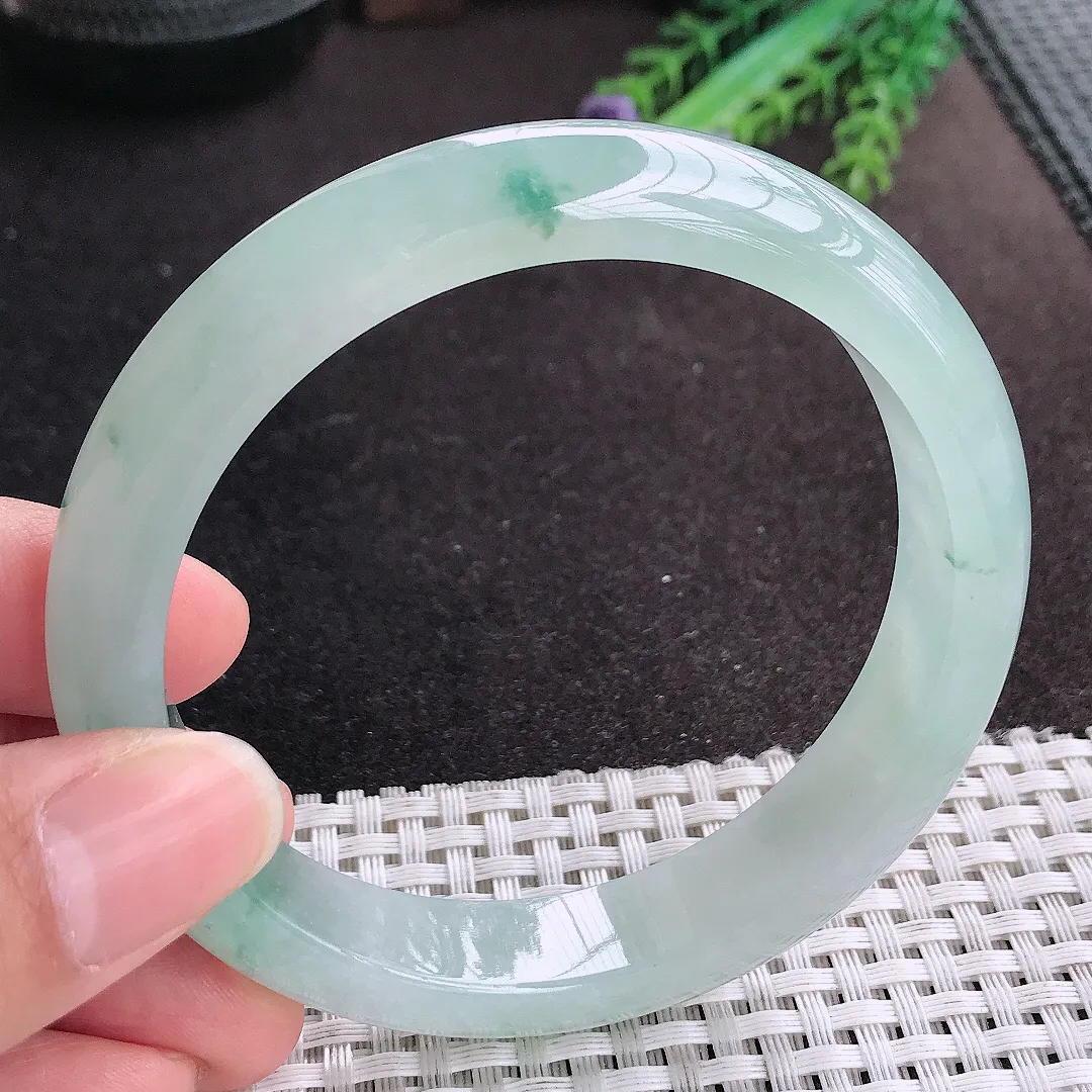 天然A货翡翠61.5/13.2/8.5老坑冰透果冻胶冰飘花手镯大圈口宽边玉手镯